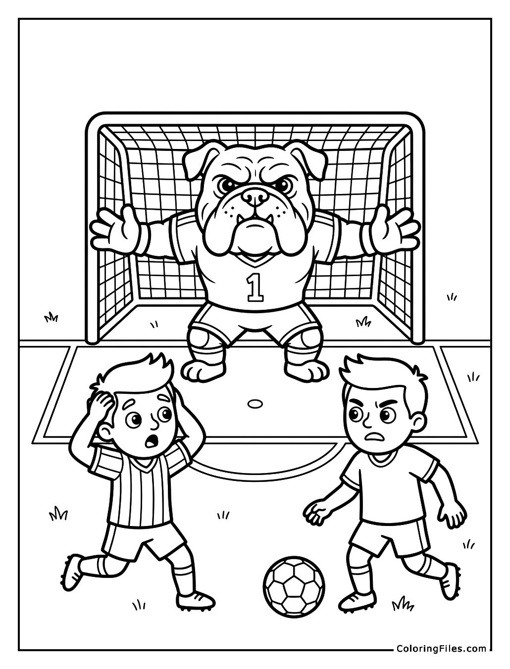 Bulldog Mascot Blocking the Soccer Goal
