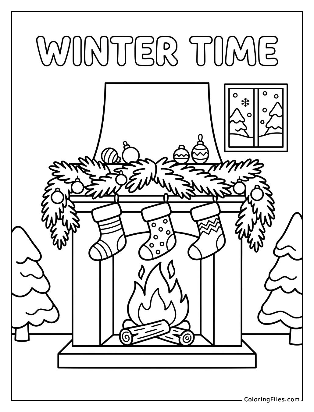 Christmas Fireplace With Garland And Stockings