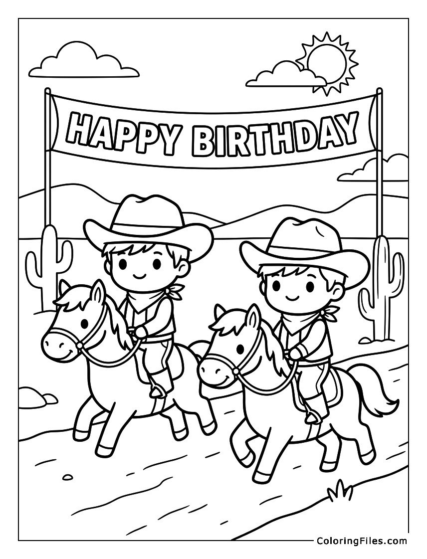 Cowboys on Horses with Happy Birthday Banner