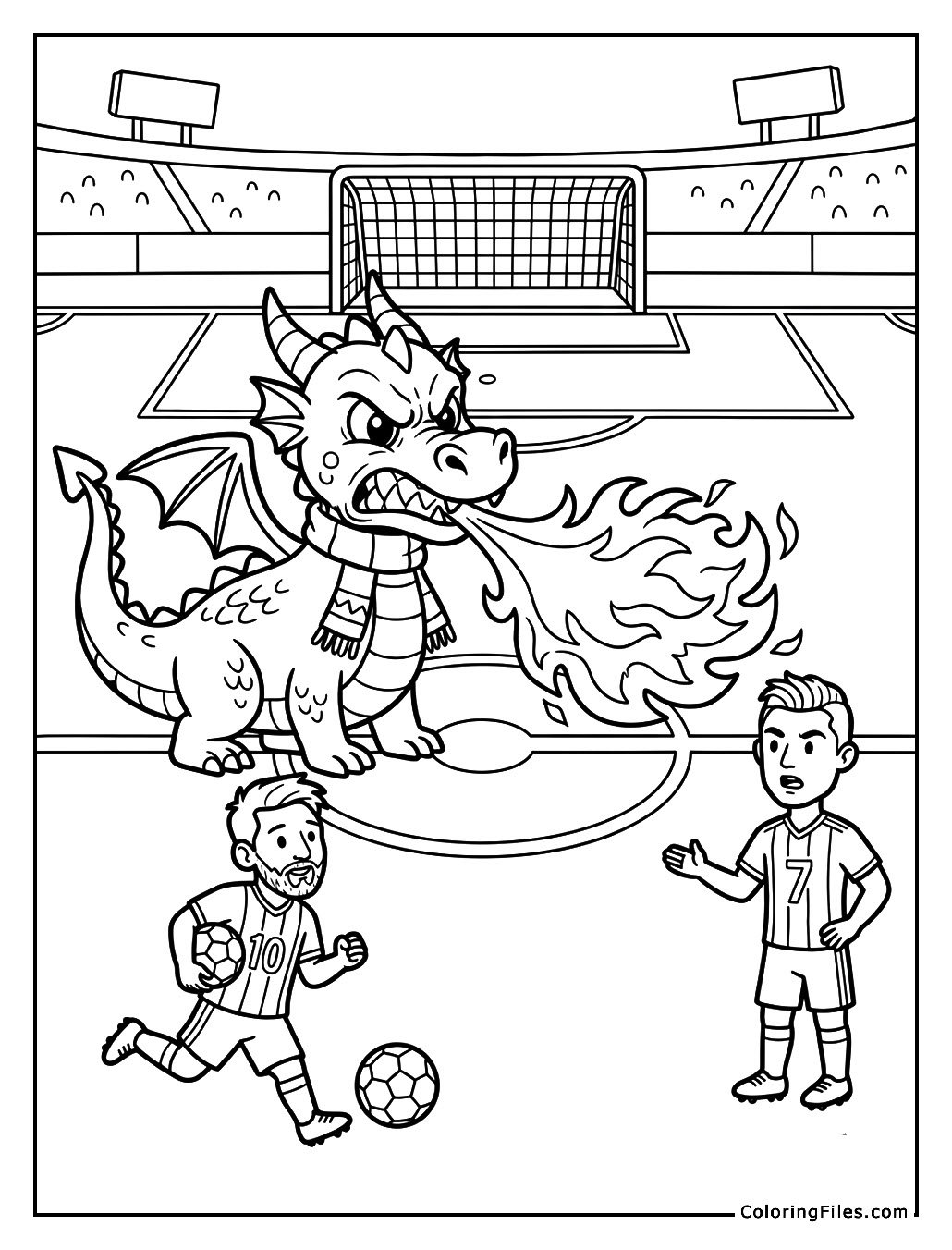 Dragon Mascot Breathing Fire on the Pitch