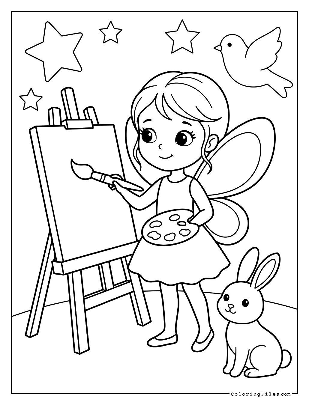 Fairy Girl is drawing on canvas
