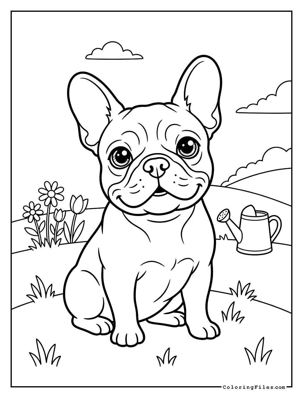 Frenchie Sitting in a Garden