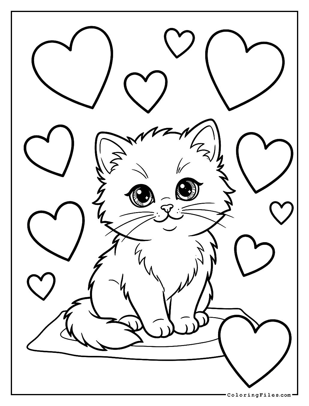 Kitten Surrounded by Floating Hearts