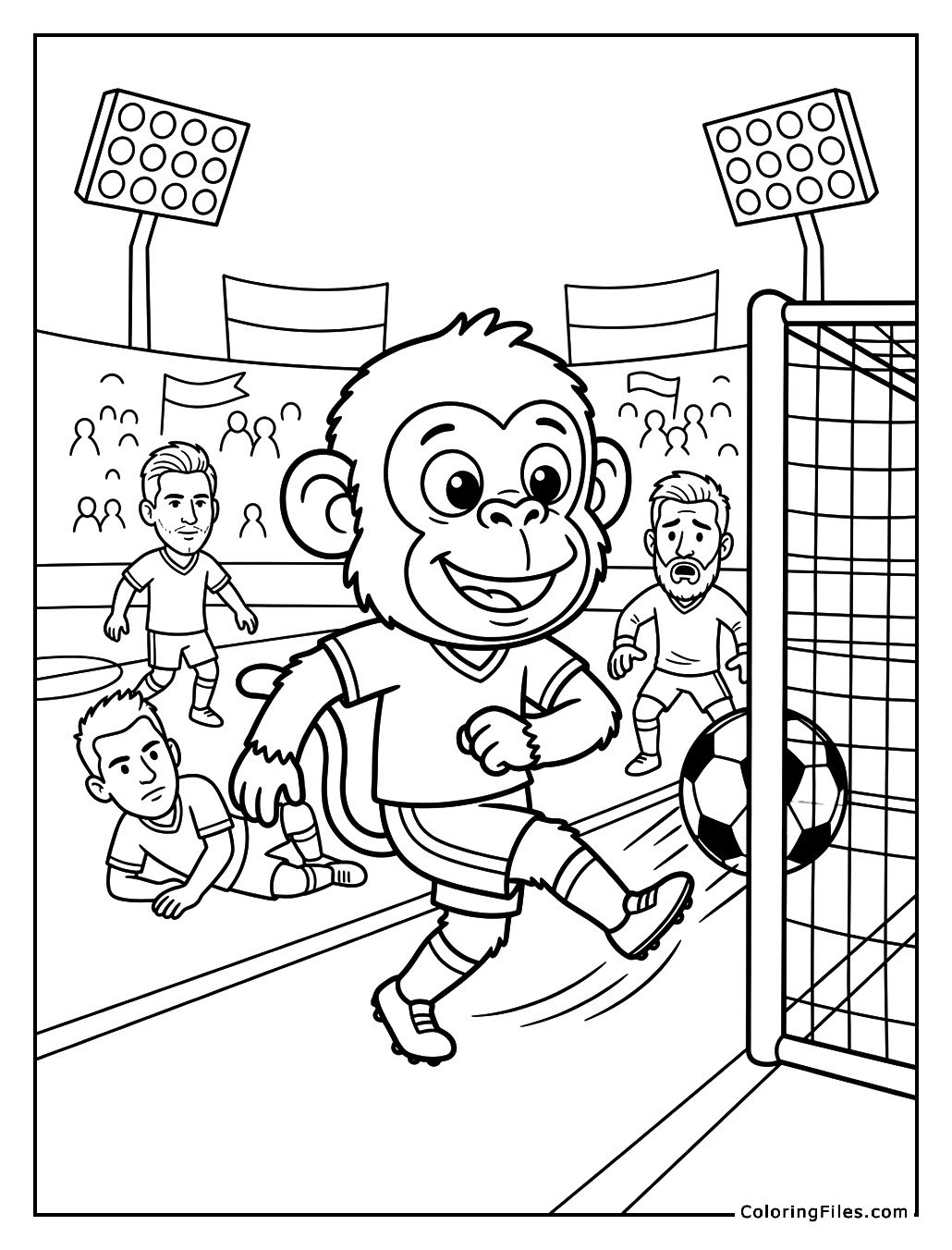 Monkey Mascot Scoring a Silly Goal