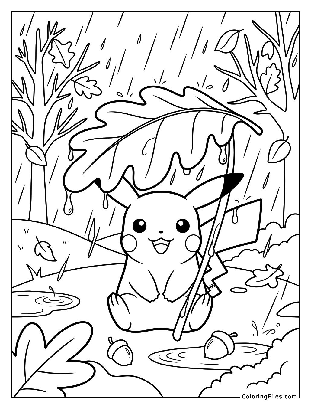 Pikachu’s Rainy Day Under a Giant Leaf
