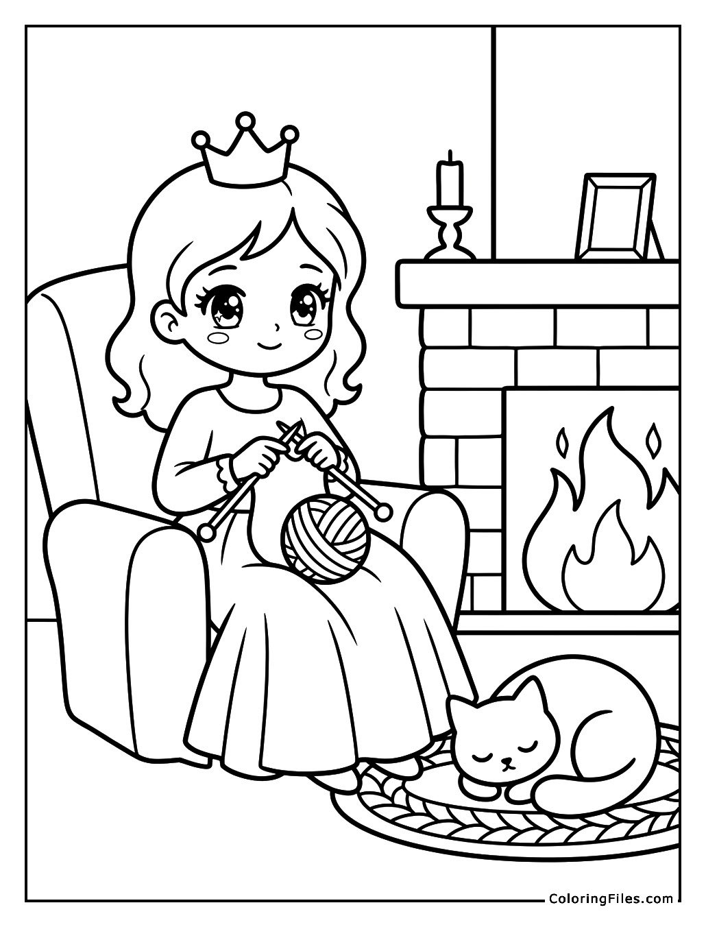Princess Knitting by the Fireplace