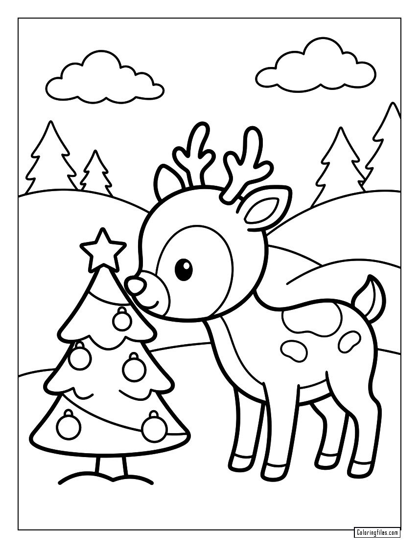 Reindeer Sniffing Christmas Tree