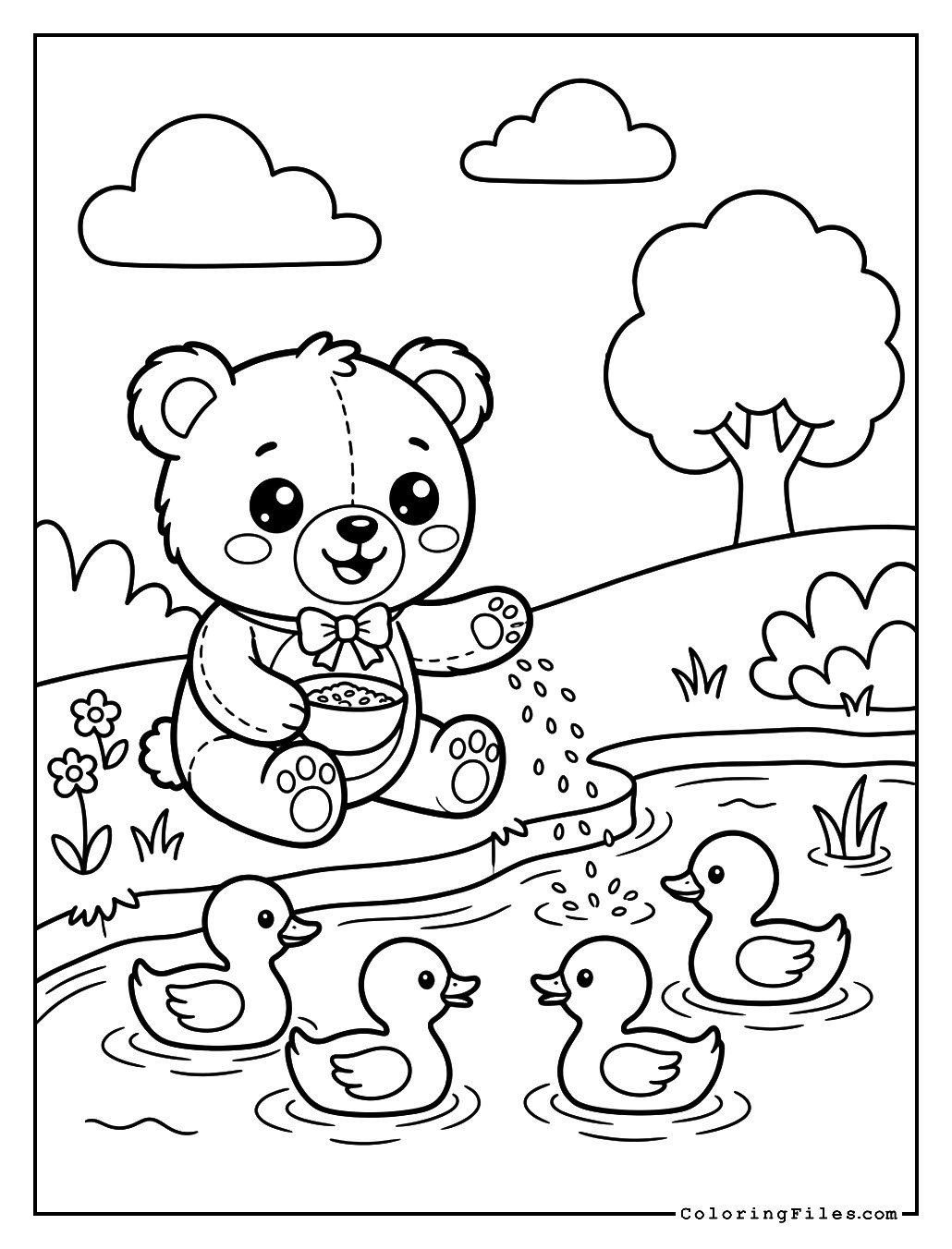 Teddy Bear Feeding Ducks