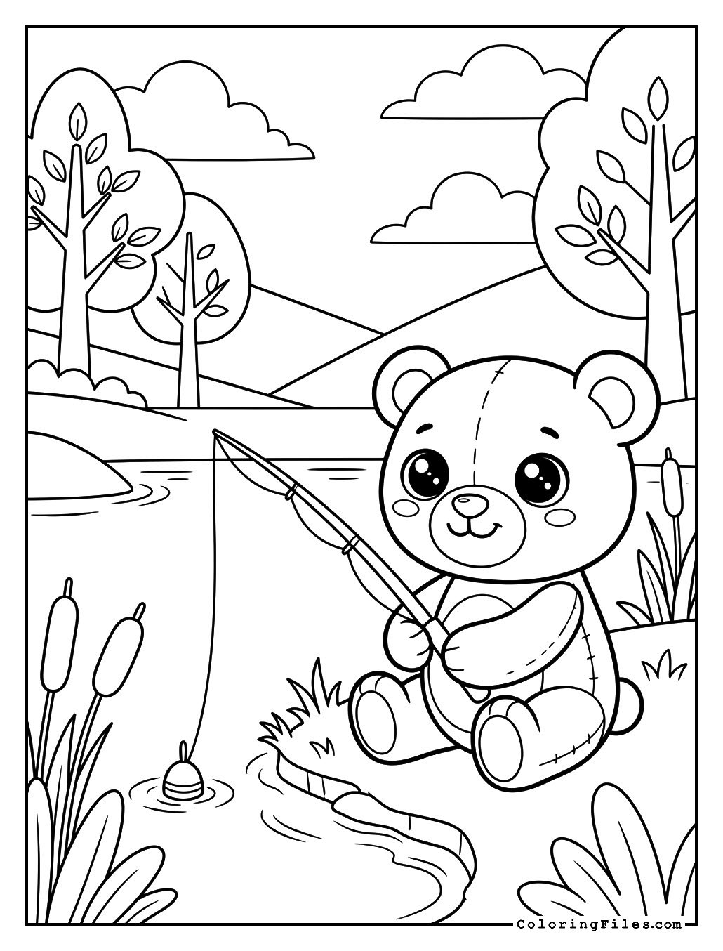 Teddy Bear Fishing by Lake