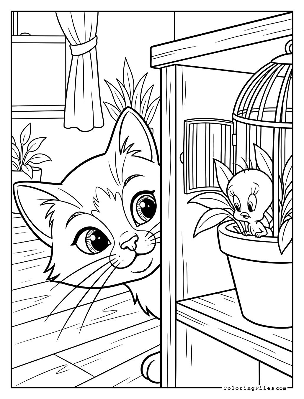 Tweety Bird Hiding from a Curious Cat