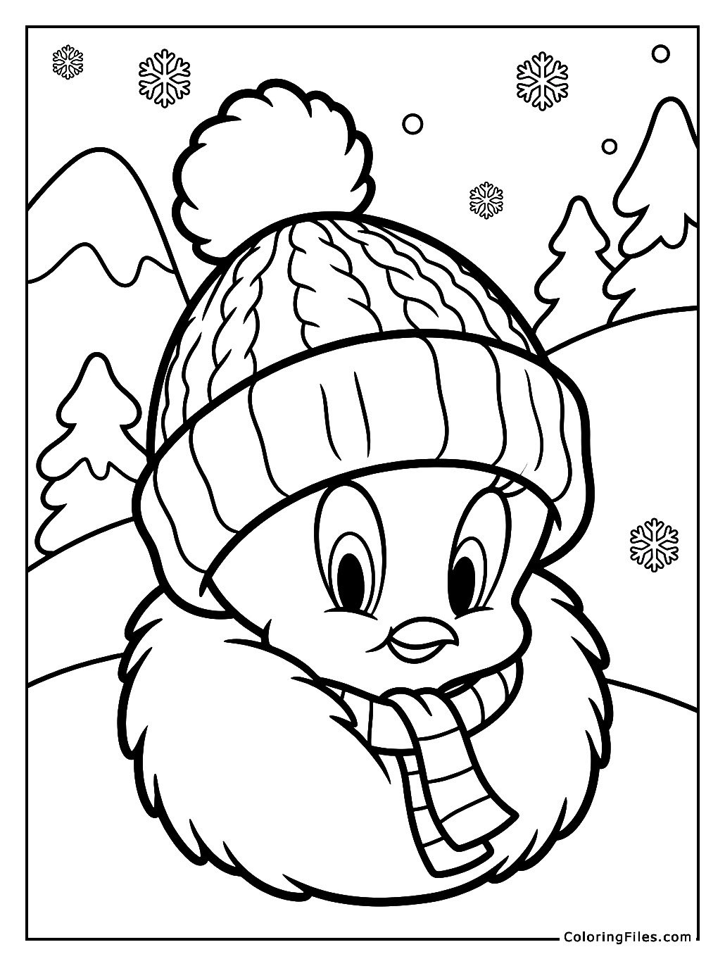 Tweety Bird Staying Warm in a Fluffy Hat