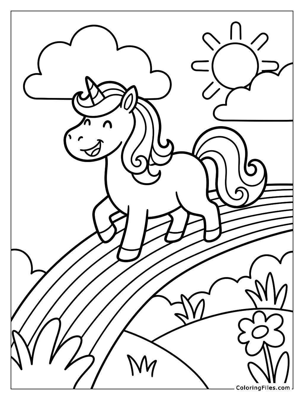Unicorn Smiling on a Rainbow Adventure