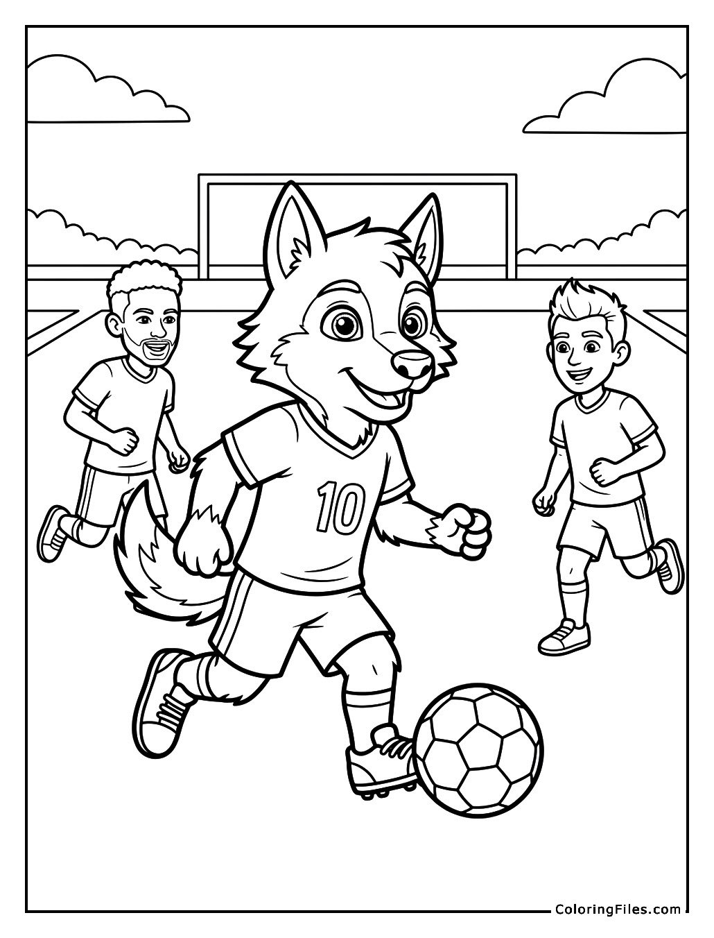 Wolf Mascot Dribbling with Team Spirit