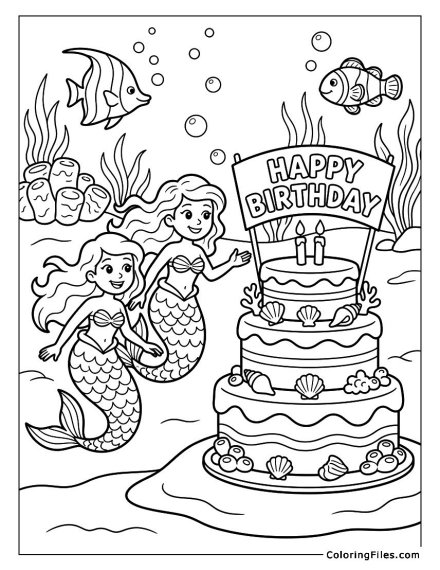 Mermaids Swimming with a Birthday Cake
