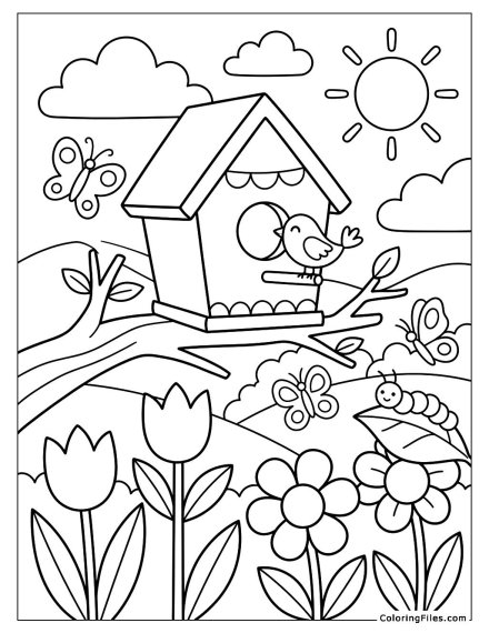 Charming Birdhouse & Garden Blossoms