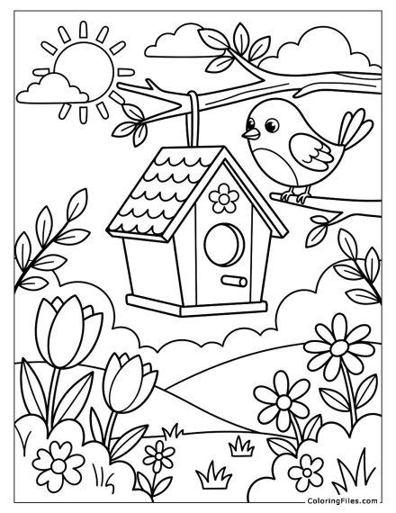 Springtime Sanctuary: Birdhouse and Bird