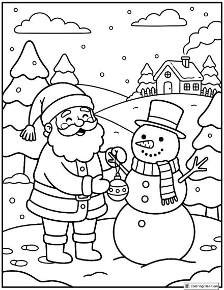 Santa Decorating a Snowman