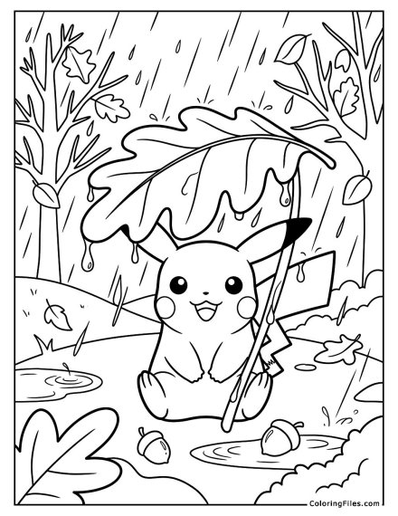 Pikachu’s Rainy Day Under a Giant Leaf