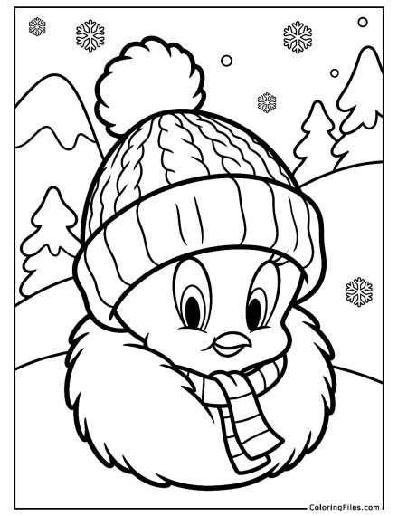 Tweety Bird Staying Warm in a Fluffy Hat