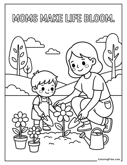 Mom and Child Planting Flowers