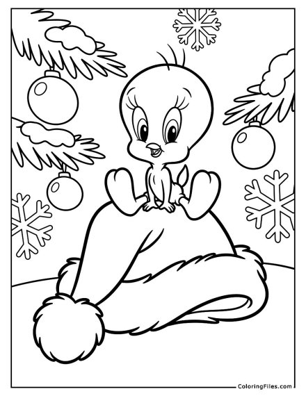 Tweety Bird Sits on Santa’s Hat