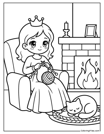 Princess Knitting by the Fireplace