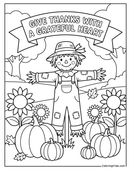 Scarecrow Surrounded by Pumpkins and Sunflowers