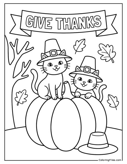 Cats with Pilgrim Hats on a Pumpkin