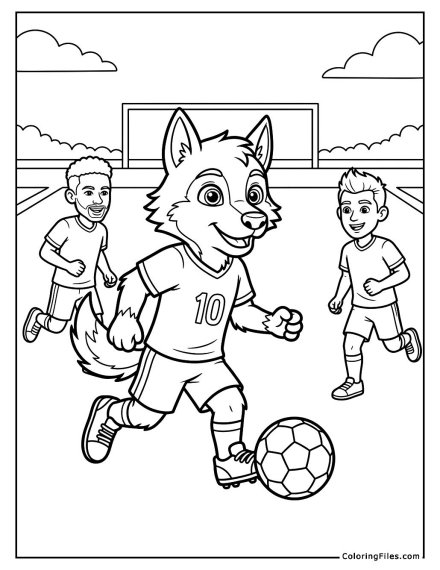 Wolf Mascot Dribbling with Team Spirit