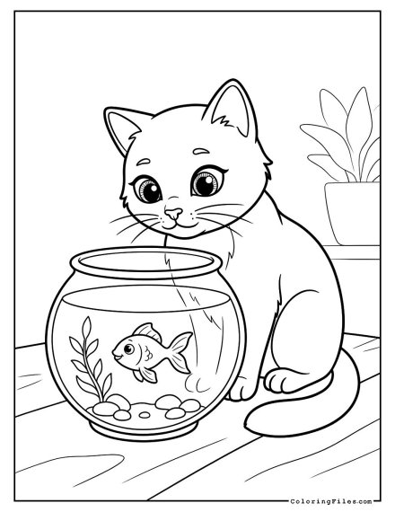 Curious Cat Watching Fish in a Bowl