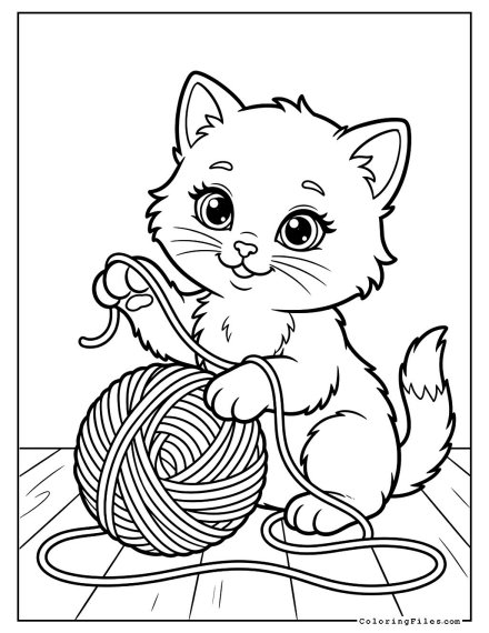 Cute Kitten Playing with Yarn Ball