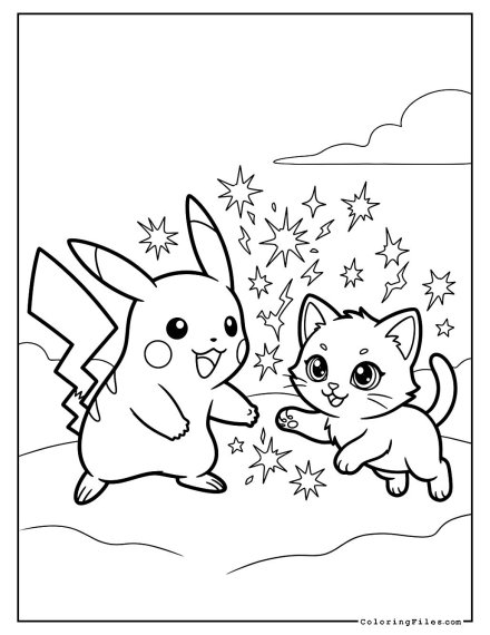 Pikachu and a Kitten Playing with Sparks