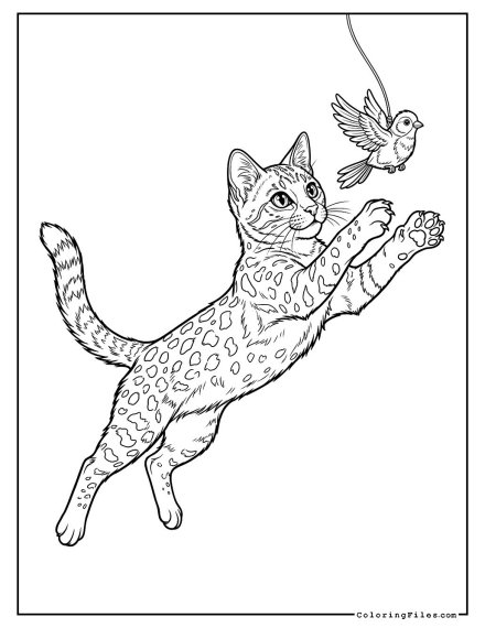 Savannah Cat Leaping for a Toy Bird