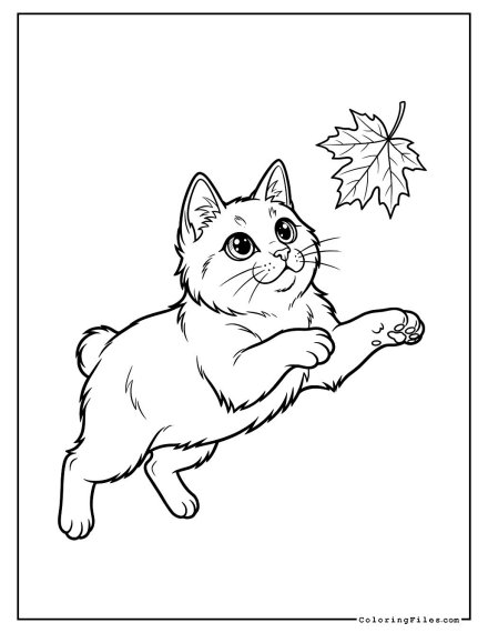 Manx Cat Chasing a Falling Leaf