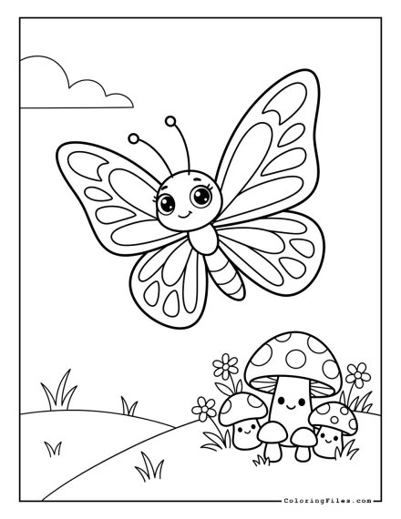 Butterfly & Tiny Smiling Mushrooms
