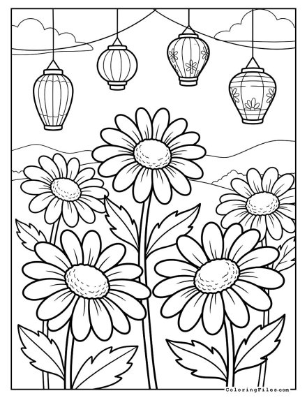 Daisy Field Under Glowing Lanterns