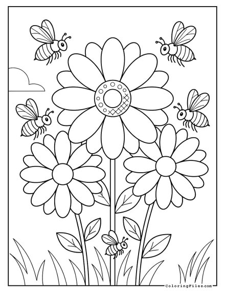 Daisy Surrounded by Honeybees