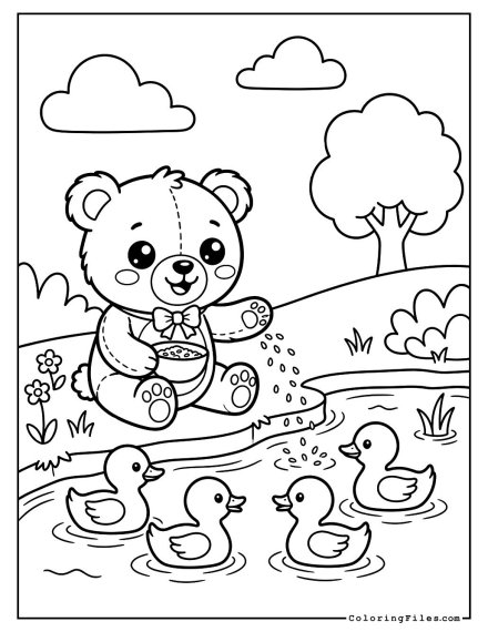 Teddy Bear Feeding Ducks
