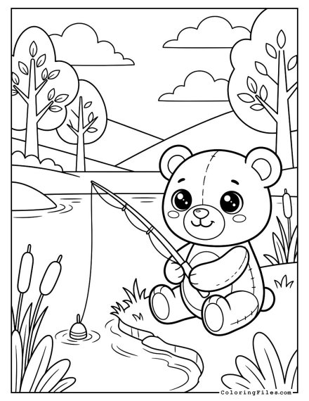 Teddy Bear Fishing by Lake
