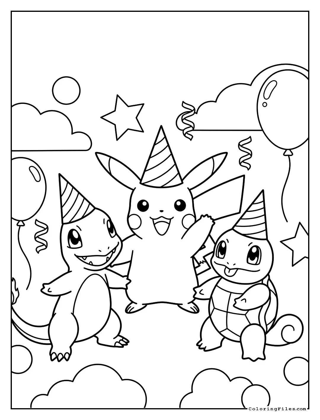 Pikachu, Charmander, and Squirtle