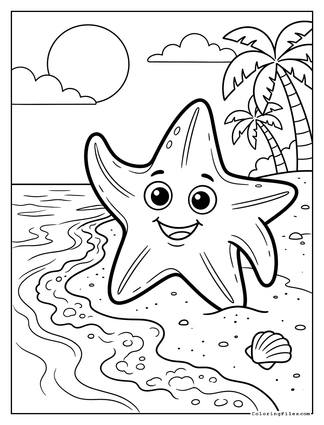 Happy Starfish on the Shore - Summer Coloring Pages (Free PDF Printables)