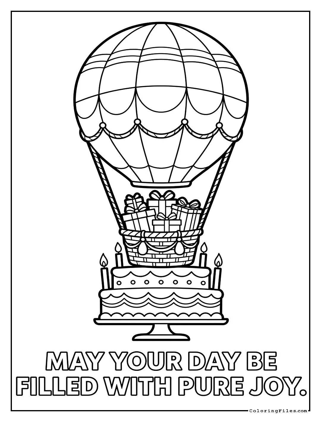Giant Balloon Holding Gifts over a Cake - Happy Birthday Coloring Pages (Free PDFs)