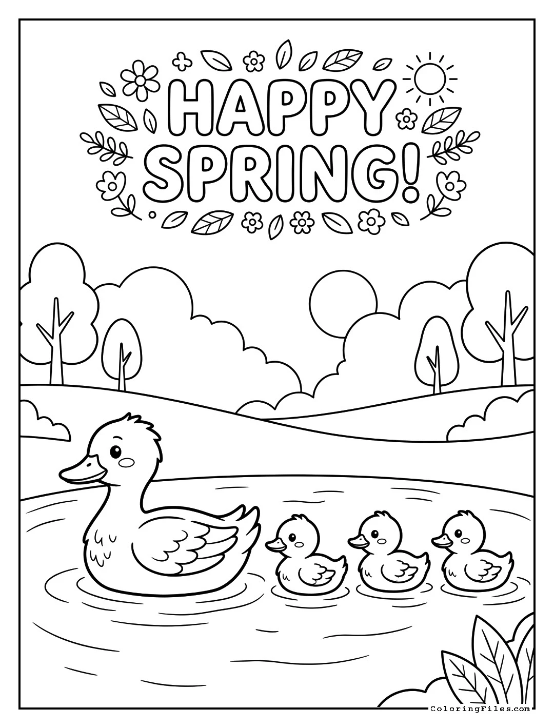 Little Ducklings Swimming - Spring Coloring Pages (Free PDF Printables)