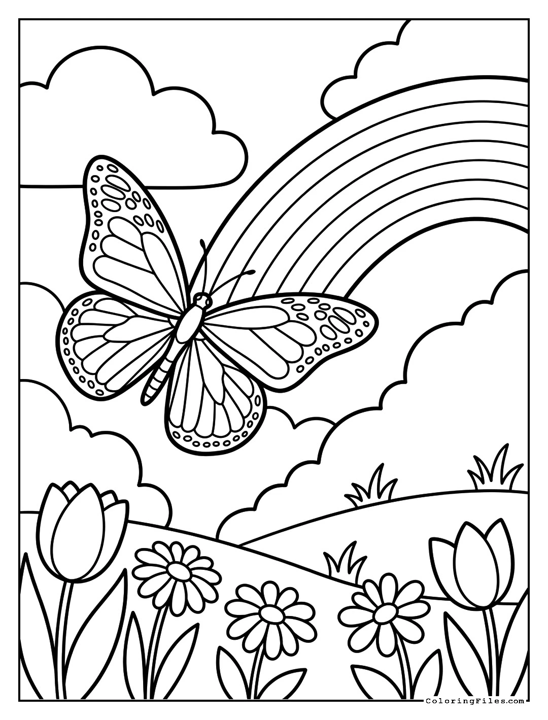 Butterfly Flying to the Rainbow - Spring Coloring Pages (Free PDF Printables)