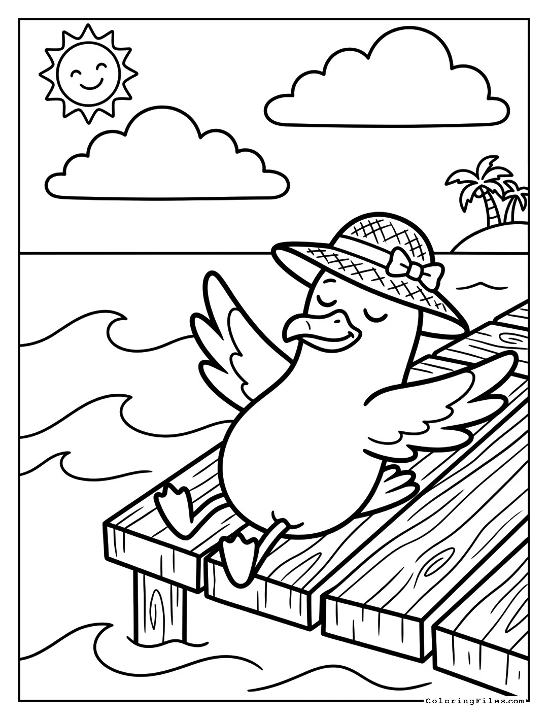 Sunbathing Seagull Friend - Summer Coloring Pages (Free PDF Printables)
