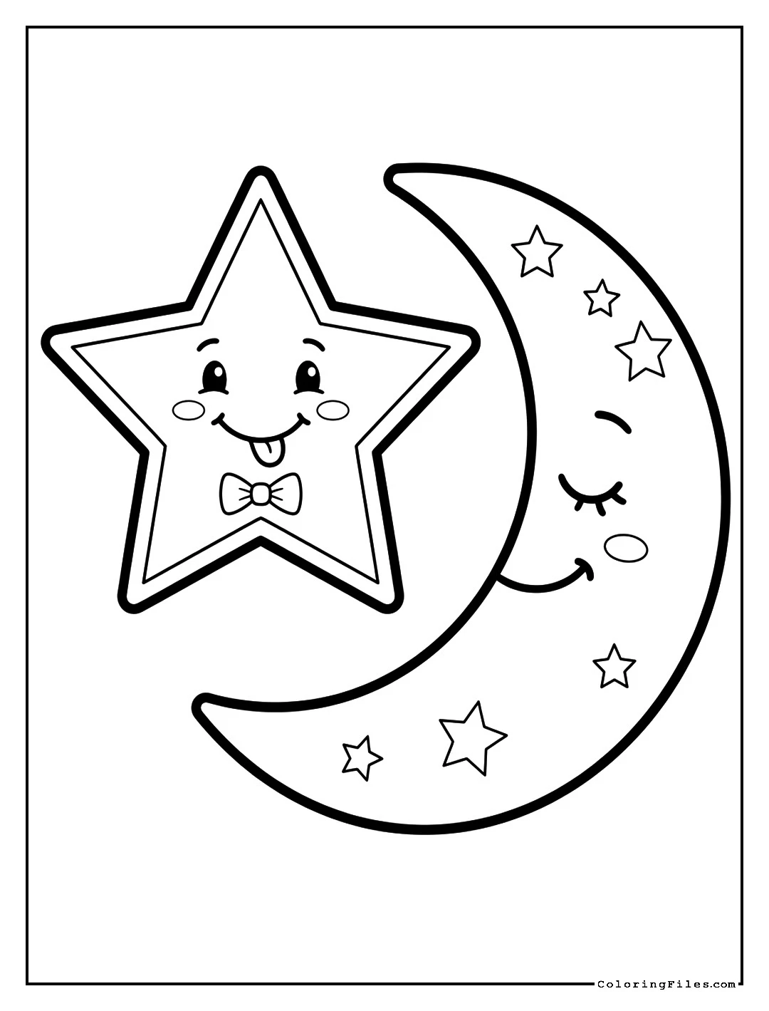 Smiling Star and Crescent Moon - Toddler Girl Coloring Pages (Free PDF Printables)