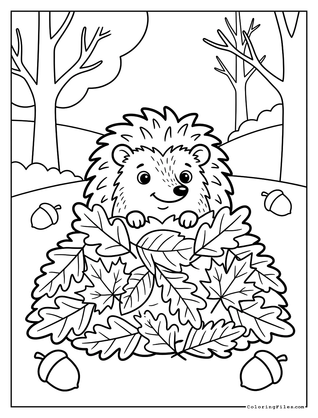 Little Hedgehog in a Leaf Pile - Autumn & Fall Coloring Pages (Free PDFs)