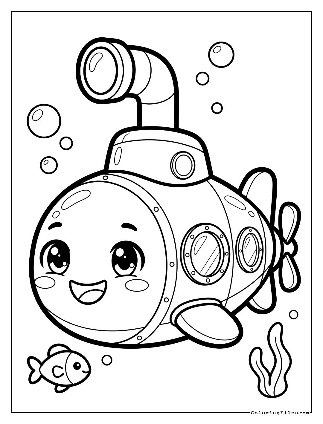 Smiling Cartoon Submarine - Toddler Boy Coloring Pages (Free PDF Printables)
