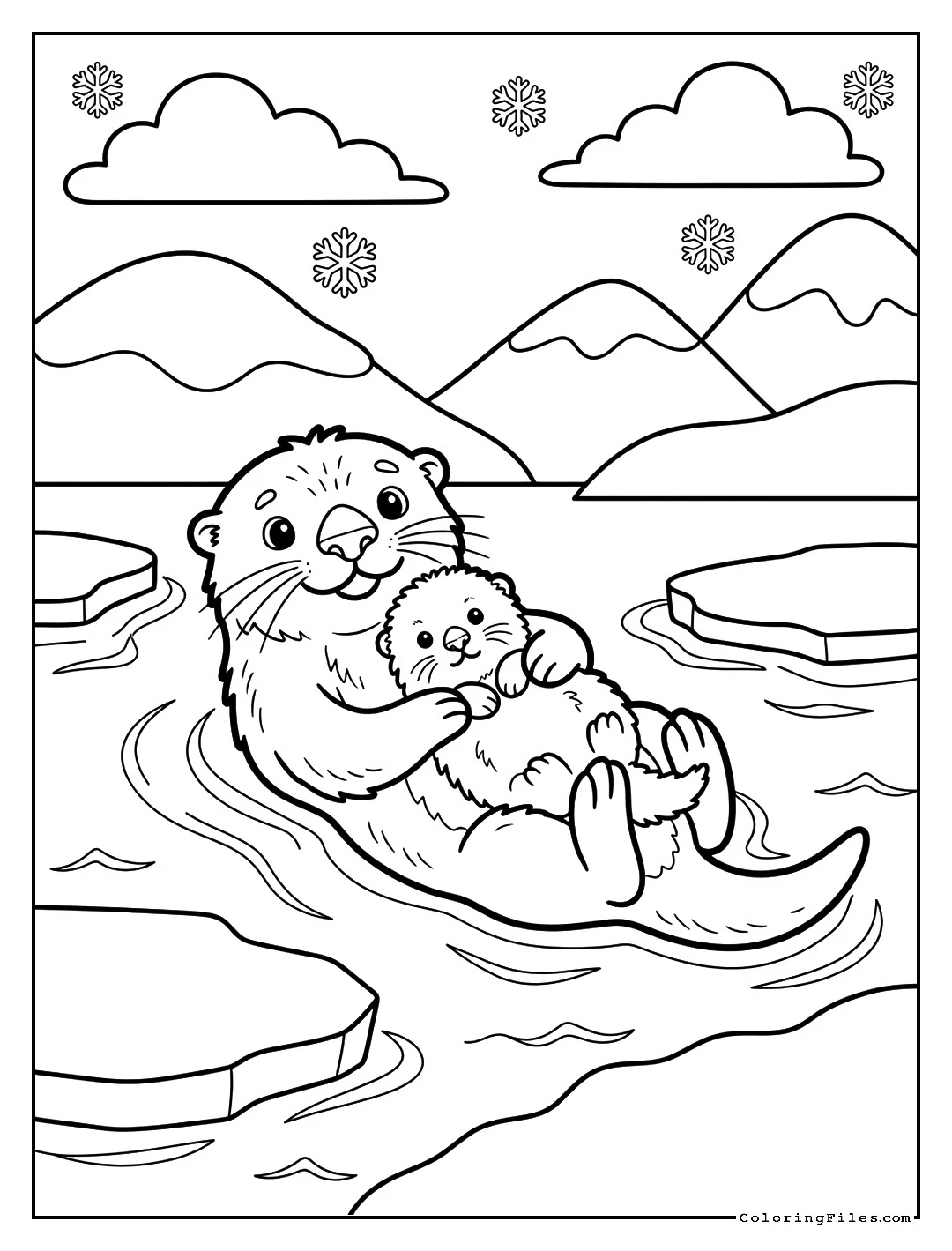 Mother and Baby Sea Otter - Winter Coloring Pages (Free PDF Printables)