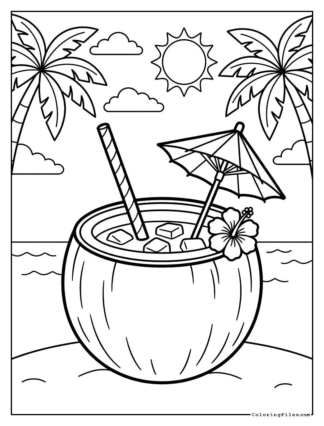 Chilled Coconut Drink Fun - Summer Coloring Pages (Free PDF Printables)